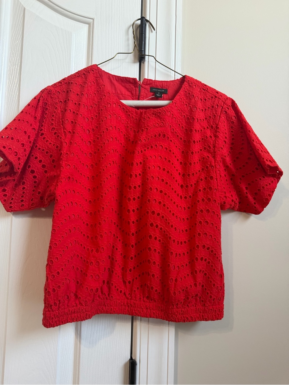 Ann Taylor Bright Red Eyelet Short Sleeve Blouse
